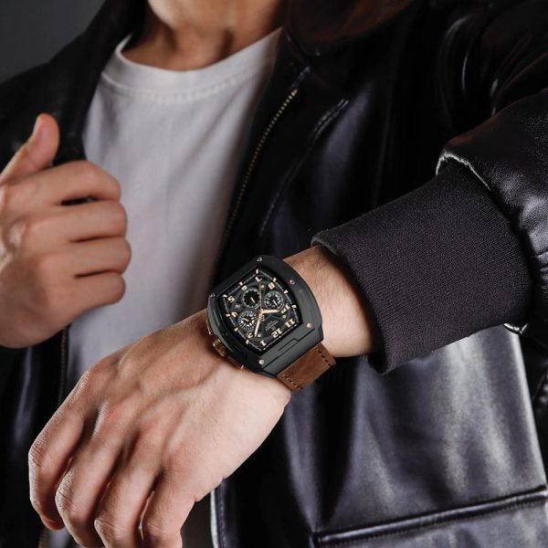 Naviforce NF8053 Brand Watch for Men Chronograph Genuine Leather Fashion Waterproof Quartz Brown Rose