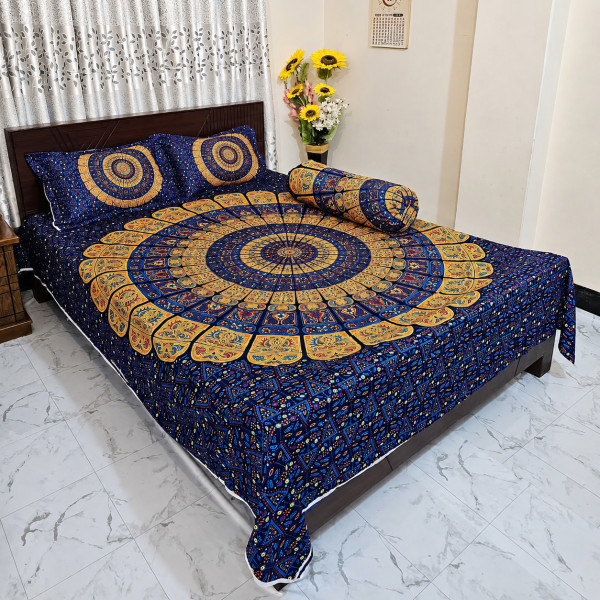 King Size Full Panel Cotton Bedsheet Set with Pillow Covers Chador Set (BLUE)